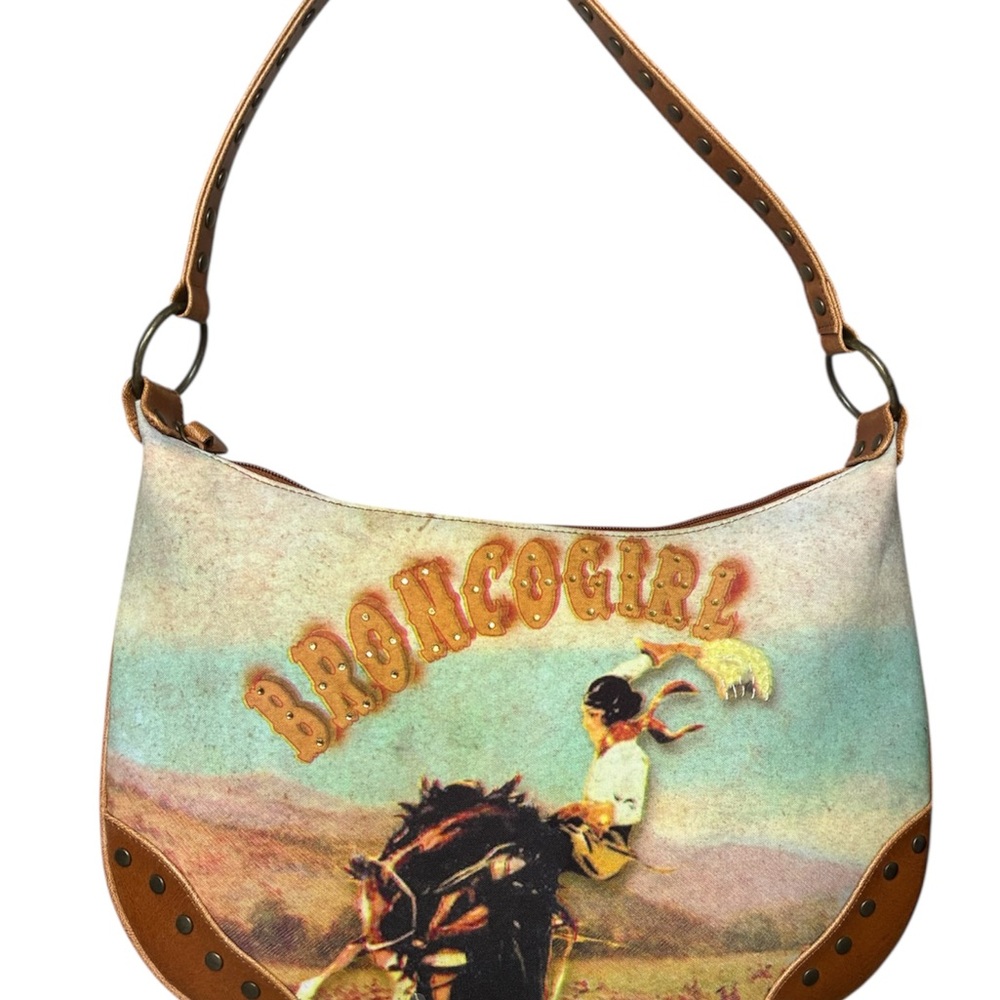 Far Nine Bronco Girl Hobo Handbag features a vintage western cowgirl graphic